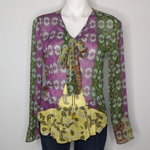 NWT Zara purple green yellow sheer tie neck blouse M